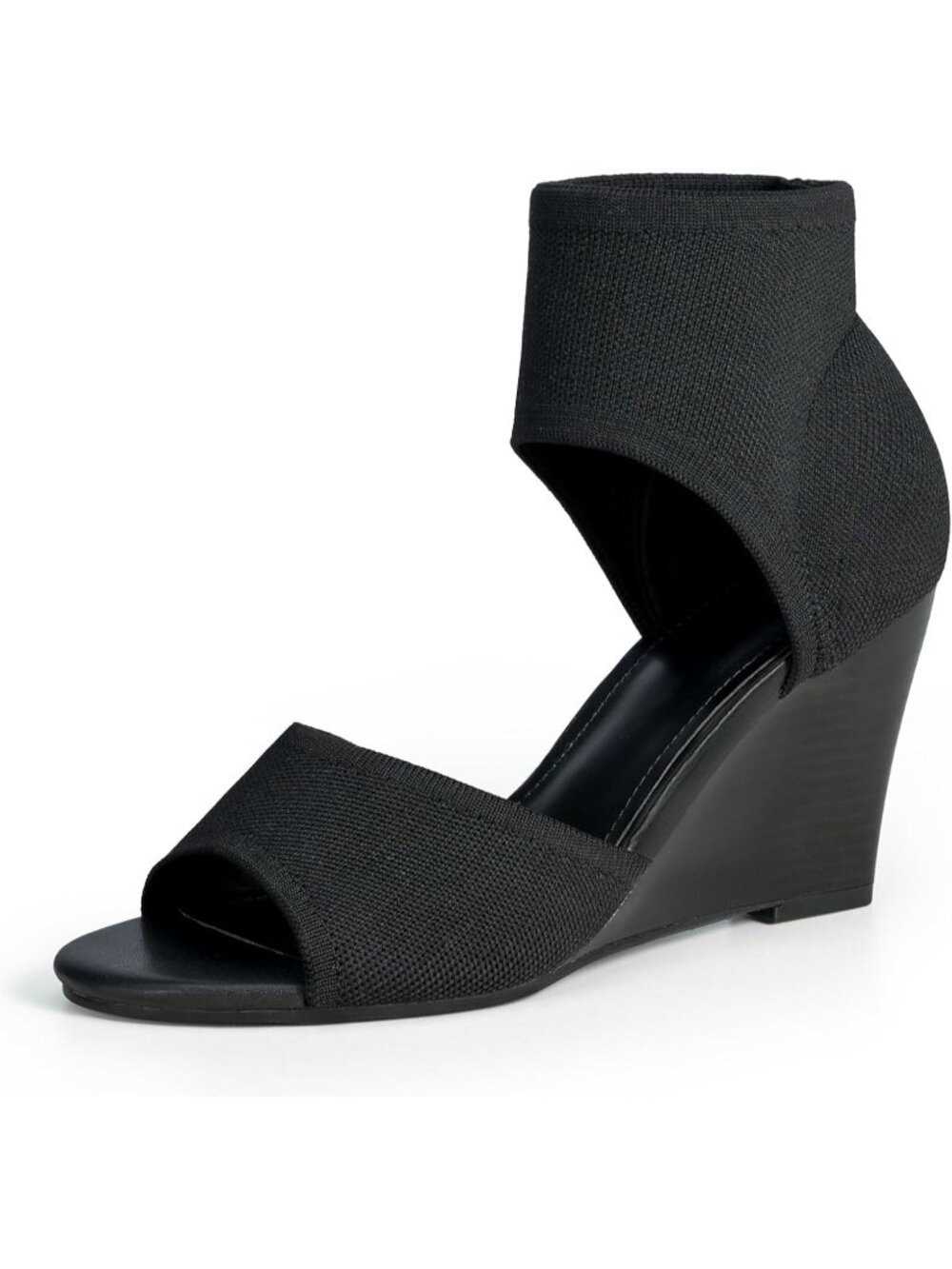 Women's Elastic Knit Peep Toe Black Heels Sandals Slip On Wedges Heels Open Toe